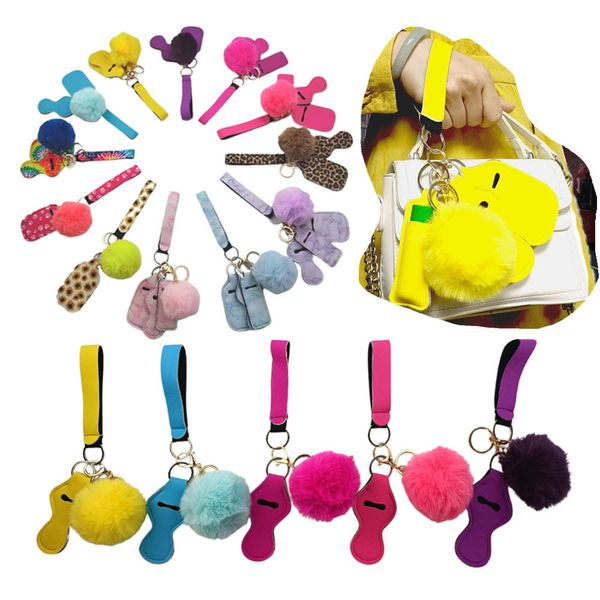 Neoprene Keychain Setter Set favor Pompom Ball Bola Hand Sanitizer Garrafa Suportes chaveiros Keyring Keyring Correspondência Bolsa de Chapstick YFA2940