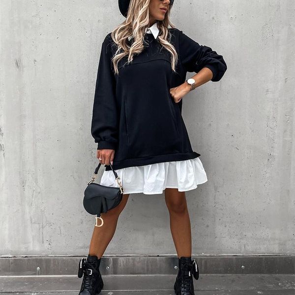 

casual dresses elegant women patchwork solid color ladies long sleeve vestidos mini dress autumn vintage turn-down collar button, Black;gray