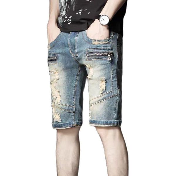 

men's summer straight pants water washed zipper design shorts jeans, Blue