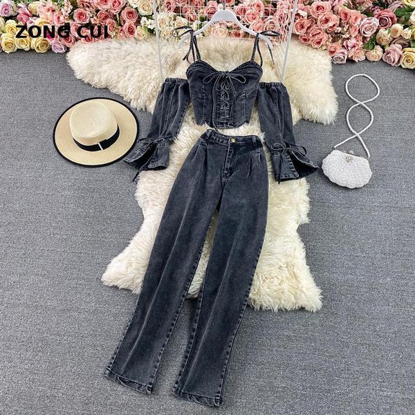

women's two piece pants fashion denim stripless high waist wide leg jeans 2-piece wear spring korean street style suit, White