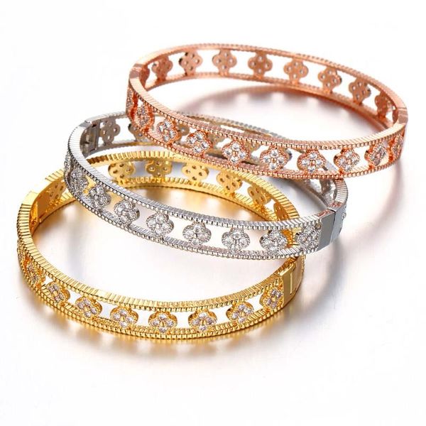 

bangle women's zircon bracelet fashion classic hollow out design small plant flower clover hand ornament jewelry, Black