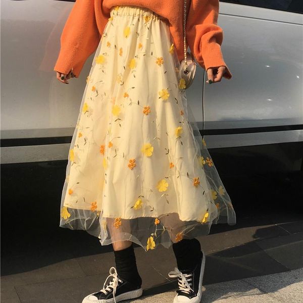 

skirts lace skrit woman high waist faldas mujer moda 2021 loose spodnice damskie yellow jupe longue casual long for women, Black