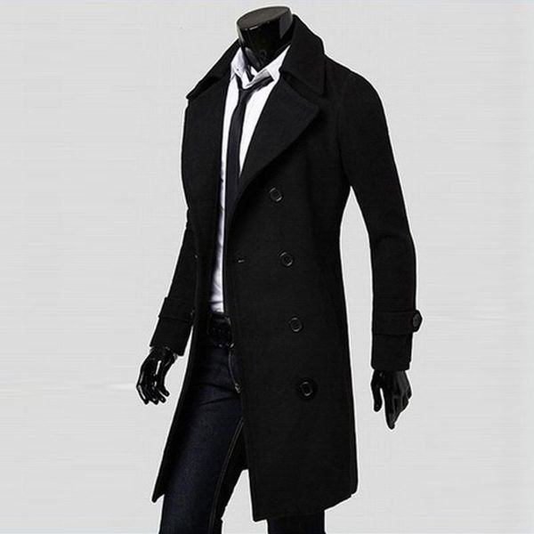 

men's wool & blends coat winter slim stylish trench double breasted long jacket parka bk/m casual autumn mens blouse, Black