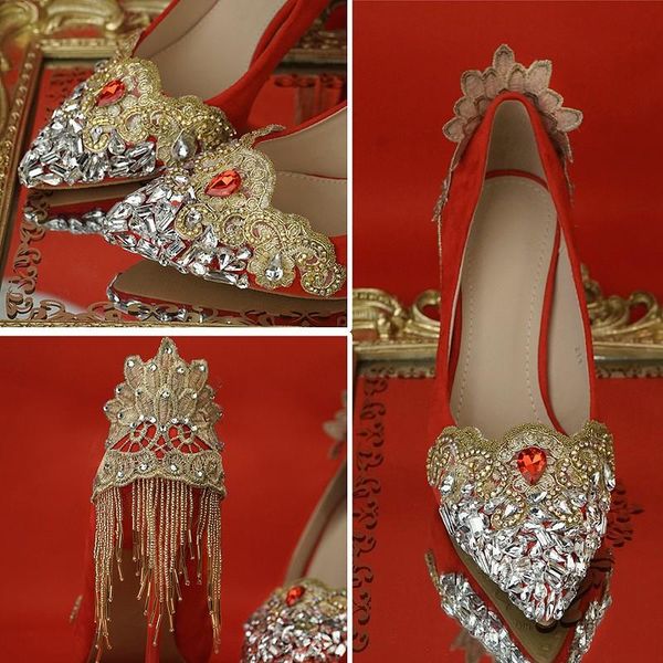 

dress shoes crystal wedding shoe bride red retro single female water drill, Black