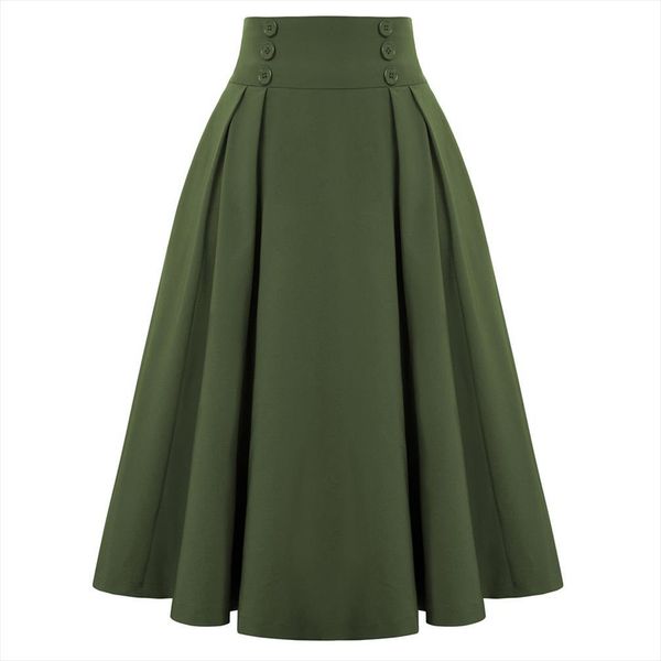

pleated swing buttons decorated women skirt elastic waist high retro steampunk casual party mid calf, Black