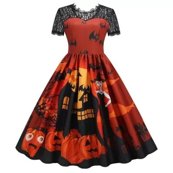 

2021 halloween party new dress lace stitching print short-sleeved big swing, Black;gray