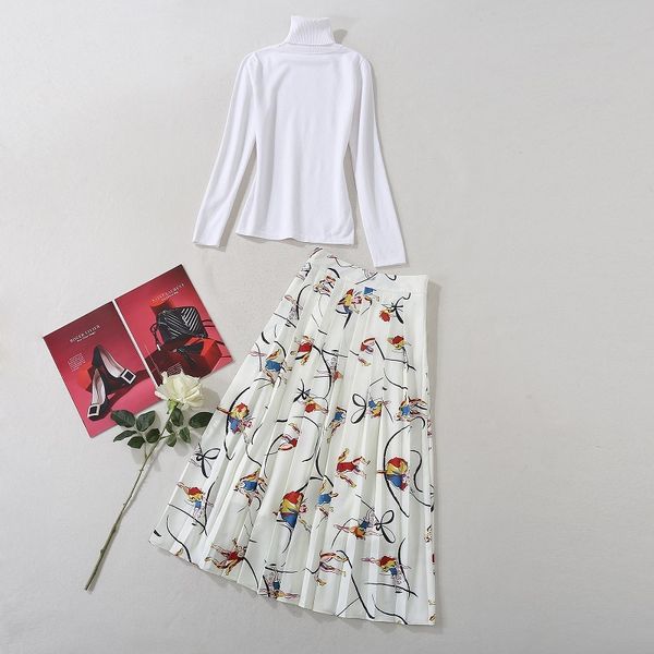 

skirt sweater autumn winter 2 piece set women turtleneck white pullovers+abstract print pleated skirts sets