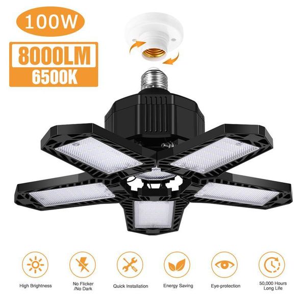 

2pcs 100w led five leaf garage light foldable ceiling lamp deformation basement indoor outdoor high bay wall lamps