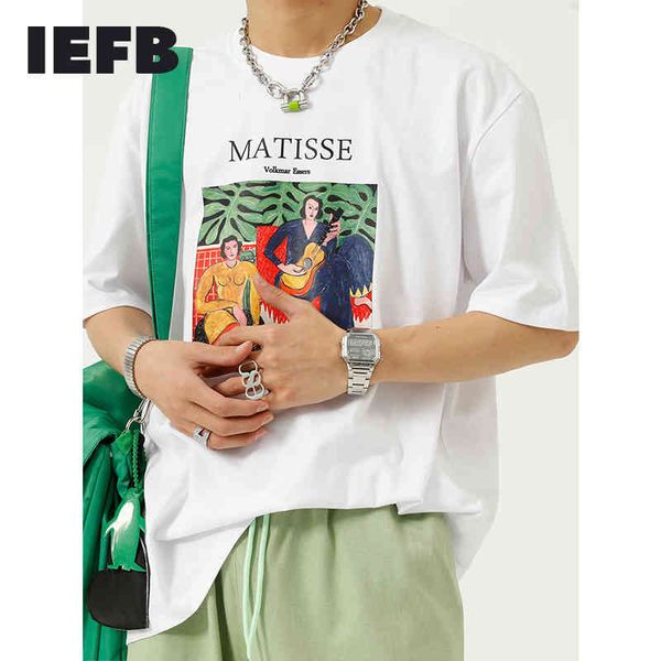 

iefb men's clothing summer white tee korean abstract print short sleeve t-shirt men's o-neck loose oversize 9y7650 210524, White;black