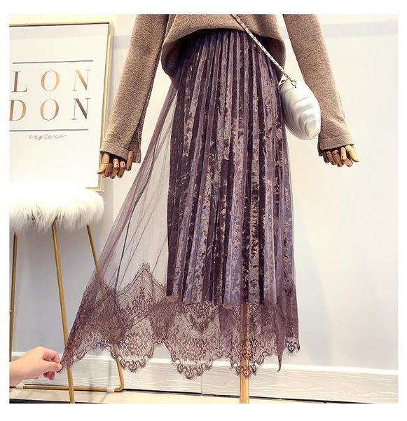 

skirts lace spliced velvet skirt winter maix length elegant tiered custom made high waist zipper coming 2021, Black