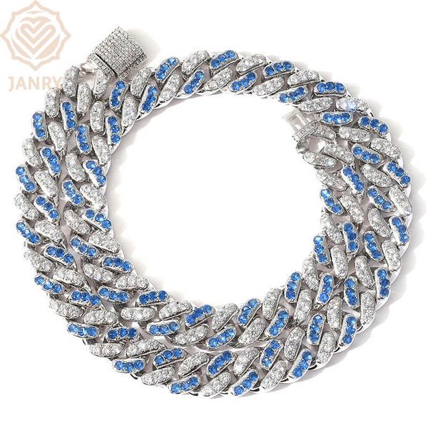 

chains janry 12mm fashion miami cuban blue white necklace full iced out cubic zirconia hip hop rapper rock jewelry gift, Silver