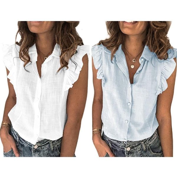 

women's t-shirt 2x summer ruffled shirt female button elegant sleeveless fashion  size white/light blue