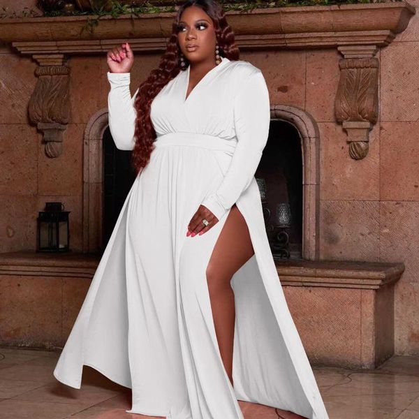 

plus size dresses xl-5xl 2021 casual solid color women loose dress v neck street split maxi long wholesale drop, Black