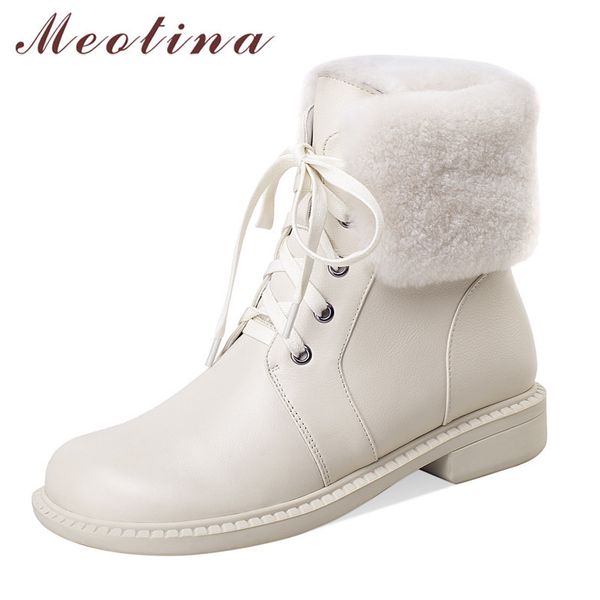 

meotina genuine leather real wool fur ankle boots women mid heel round toe shoes cross tied block heels short boots winter beige 210520, Black