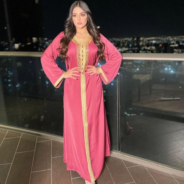 

ethnic clothing ramadan eid 2021 women dubai rhinestones jalabiya dress long sleeves braid trim arab muslim abaya gown party wedding plus si, Red