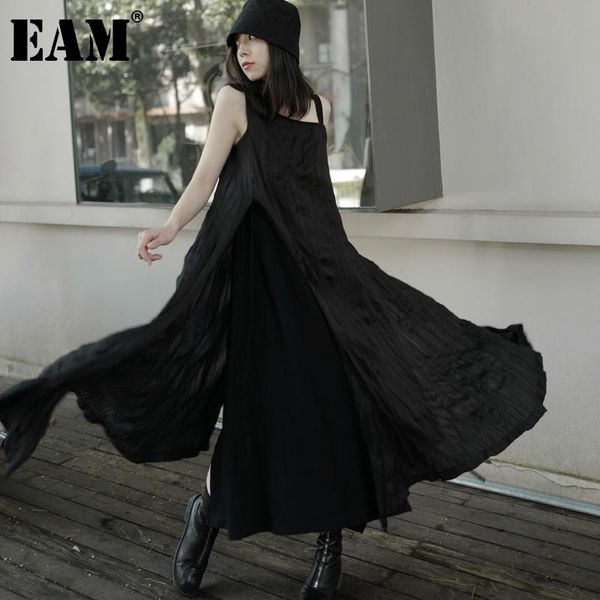 

casual dresses [eam] women black irregular wrinkled long spaghetti strap dress sleeveless loose fit fashion tide spring summer 2021 1dd7031, Black;gray