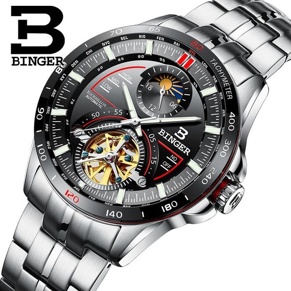 

switzerland binger tourbillion automatic mechanical skeleton men's watches watch men waterproof relogio masculino wristwatches, Slivery;brown