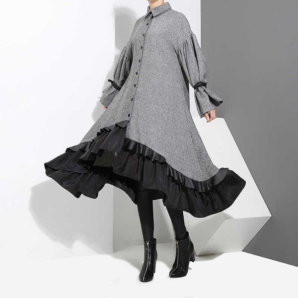 

spring and autumn long dress women sleeve cotton fashion ladies linen casual wild clothing 210615, Black;gray