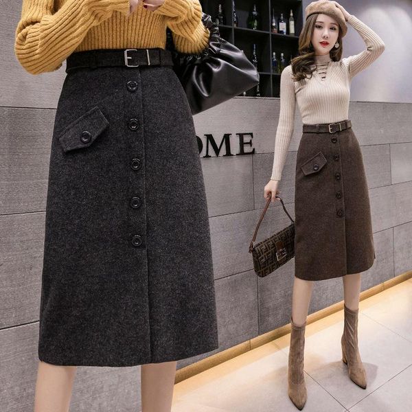 

skirts women 2021 autumn winter thick wool midi pencil female casual slim high waist office work wear lady saias a290, Black