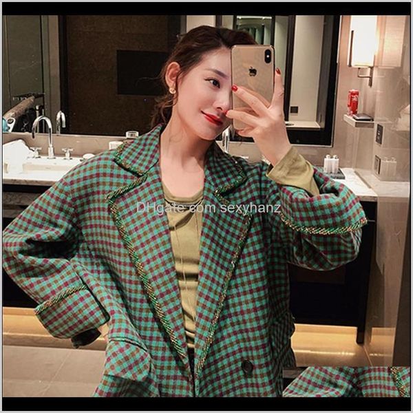 

wool blends womens fashion green plaid coat loose double breasted turndown collar woolen coats casual autumn winter overcoat xy50281 h a2zcq, Black