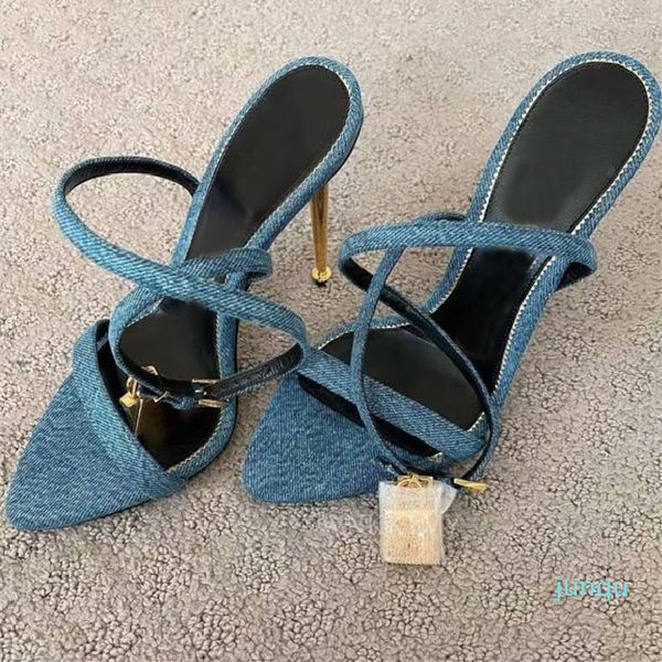 

metal lock decor woman shoes pointed toe high heel sandals women real leather narrow ankle strap sandalias party shoes, Black