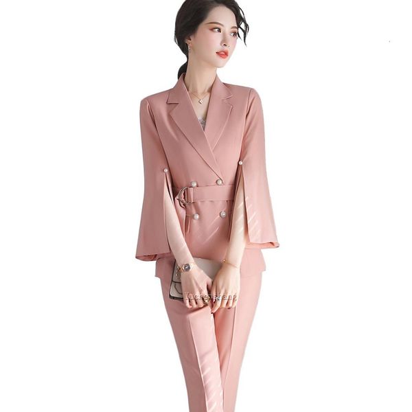 

women's suits & blazers new pink white black women pant suit two pieces set size s-4xl three quarter sleeve blazer coat with for girl v
