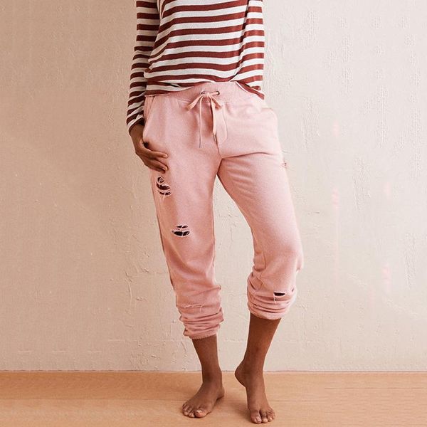 

women's pants & capris women fashion hole elegant high waist stretch loose harajuku trousers ladies pink streetwear dames pantalon femm, Black;white
