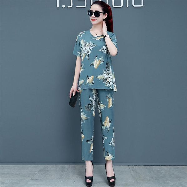 

two piece sets suit womens tracksuits summer casual loose short sleeve t shirts and harem pants print woman, Gray