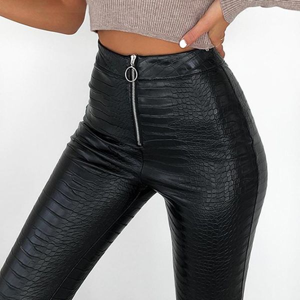 

women's pants & capris pu leather women print high waist pencil skinny office ladies trousers casual slim streetwear f90403, Black;white