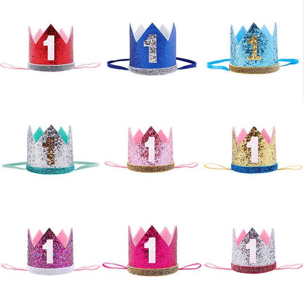 

cute kids 1st hat baby birthday party cap girl boys pink blue flowers princs crown headband hairwear shiny