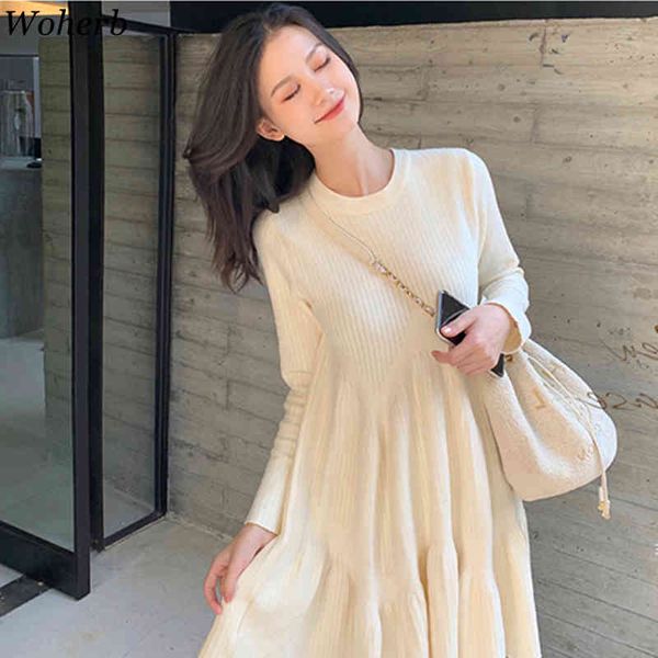 

pleated knitted dress korean fashion clothes robe solid color slim waist vestidos o-neck sweet dresses women 4g348 210417, White