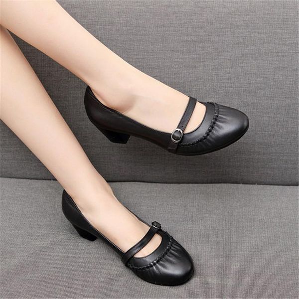 

dress shoes retro round toe genuine leather high heels pumps woman slip on plus size 34-43 fashion shallow thick, Black