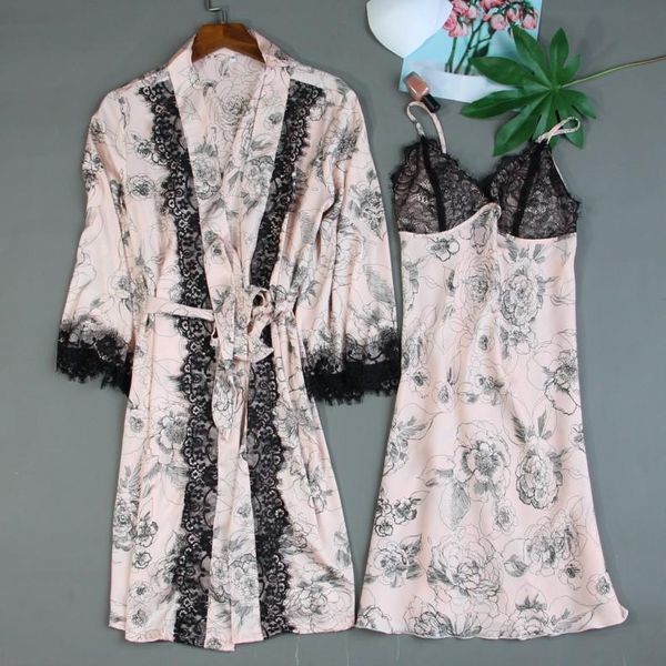 

women's sleepwear lace patchwork nightwear 2pcs robe set satin nighty&robe suit kimono gown print bridal wedding gift, Black;red