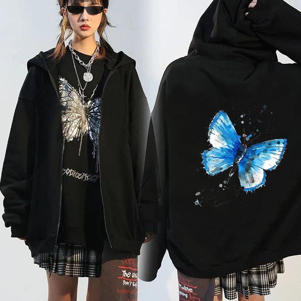 

women's hoodies & sweatshirts harajuku y2k autumn women hooded sweatshirt zipper butterfly print long sleeve loose hoodie coat 90s punk, Black