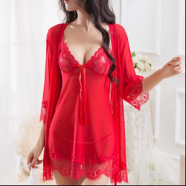 

lace nightgowns pyjamas set summer women sleepwear night dress nightwear lingerie bathrobe female nightdress home clothes, Black;red