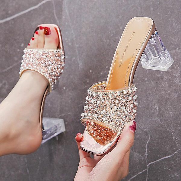 

sandals open-toe pearl sequined slippers women's crystal thick-heeled and two-wear high-heeled shoe, Black