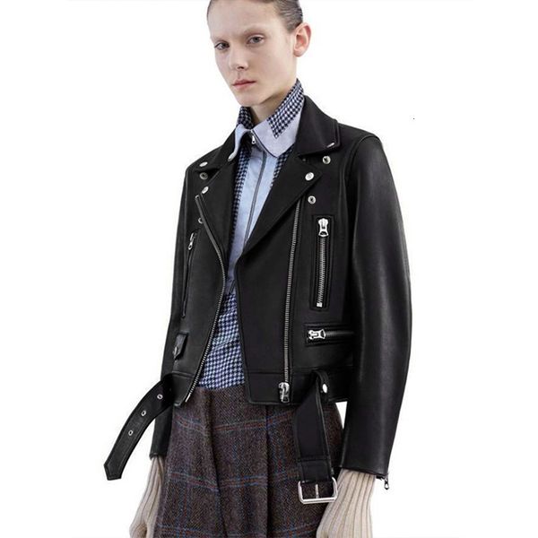 

women's leather & faux female short jacket, spanish-style leather lapel diagonal zipper, epaulettes, motorcycle 62yh, Black