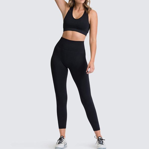

women yoga set sportswear knitted ribbed fast dry workout gym clothing fitness sleeveless crop high waist leggings, White;red