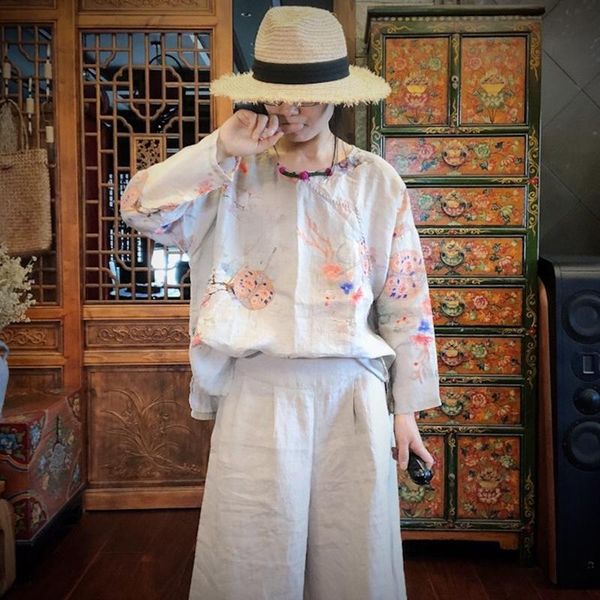 

women's blouses & shirts qpfjqd 2021 chinese style women autumn summer linen o-neck casual print flower loose ramie for girls, White