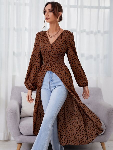 

all over print bishop sleeve shirred longline blouse z39y#, White