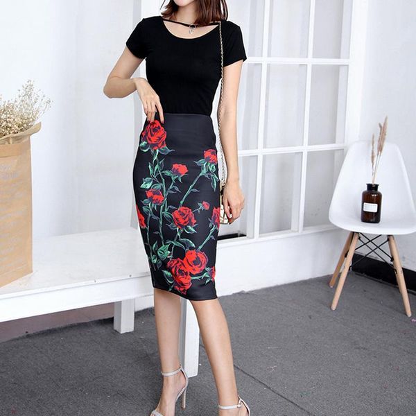

skirts office lady style floral summer women skirt 2021 elegant knee length skinny pencil, Black