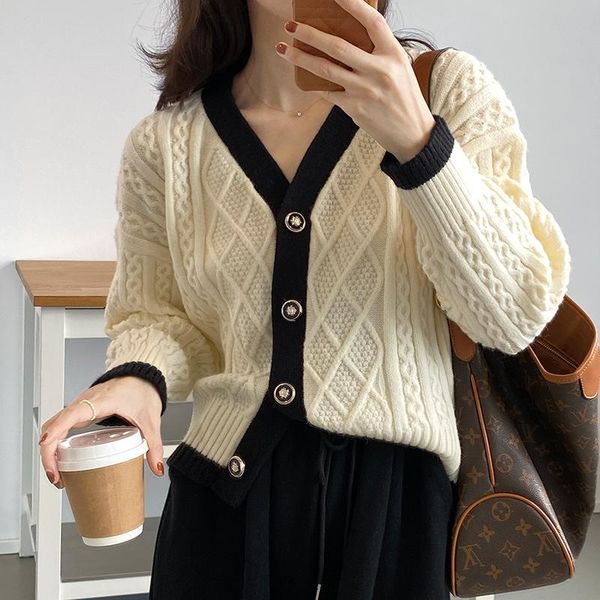 

women's knits & tees 2021 spring and autumn sweater korean urban casual pure color simple  loose v-neck stitching twist knit ca, White