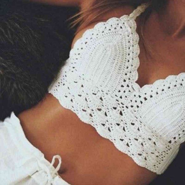 

handmade crochet lace knit bra boho beach bikini cami tank crop halter, White;black