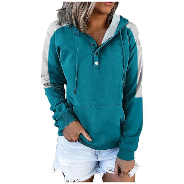 

women's hoodies & sweatshirts womens splicing casual pullover button down drawstring hooded pocket long sleeve moletom feminino, Black