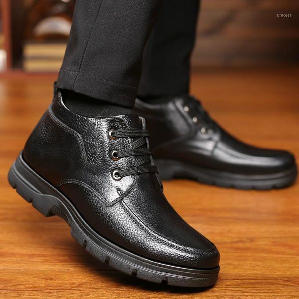 

boots winter men leather shoes thick fluffy lace up genuine black short ankle casual boys snow male footwear1