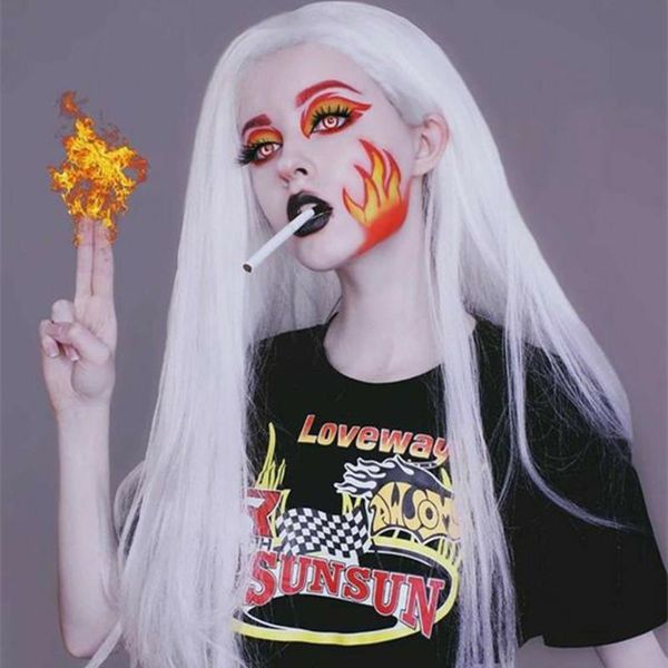 

white long straight synthetic hair lace front wigs for women halloween cosplay heat resistant middle part wig, Black