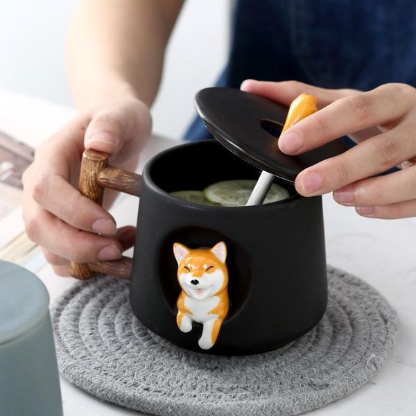 

creative cute cartoon 3d animal ceramic coffee mug porcelain tea cup with lid and spoon drinking water couple drinkware mugs