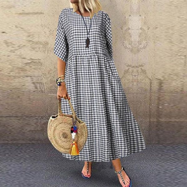 

casual dresses summer women plaid long dress plus size half sleeve o neck elegant for clothing vestidos mujer verano 2021, Black;gray
