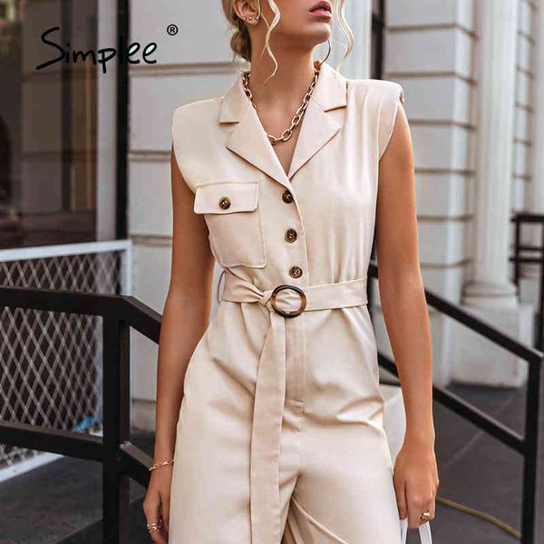 

vintage sash belt solid women v neck sleeveless female jumpsuit romper turn down collar wide leg overalls 210414, Black;white