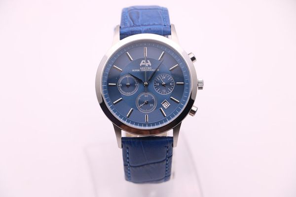 

men's quartz watch aehibo three eyes multifunction chronograph calendar blue dial silver stainless steel case belt buckle fashion casua, Slivery;brown